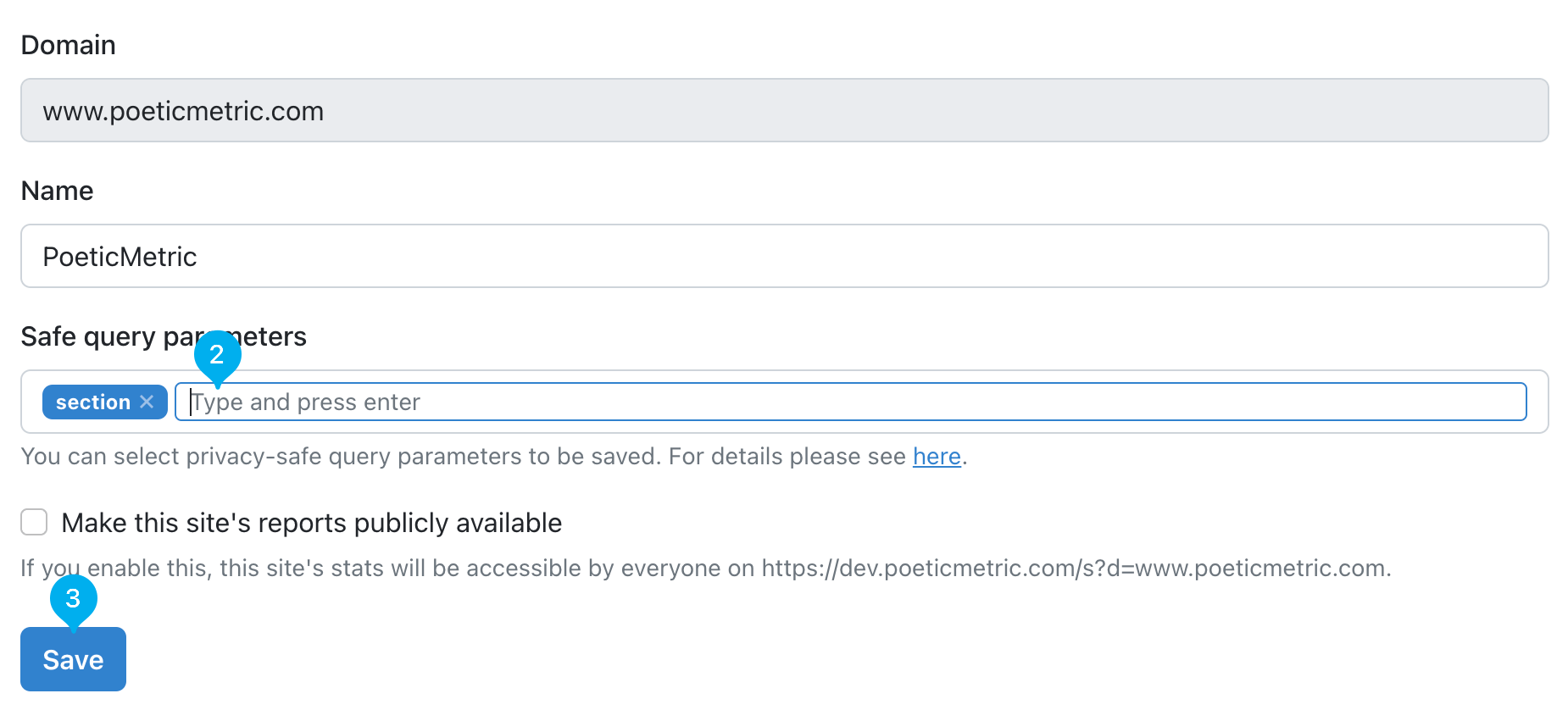 Set safe query parameters in PoeticMetric site settings set query parameters in PoeticMetric site settings