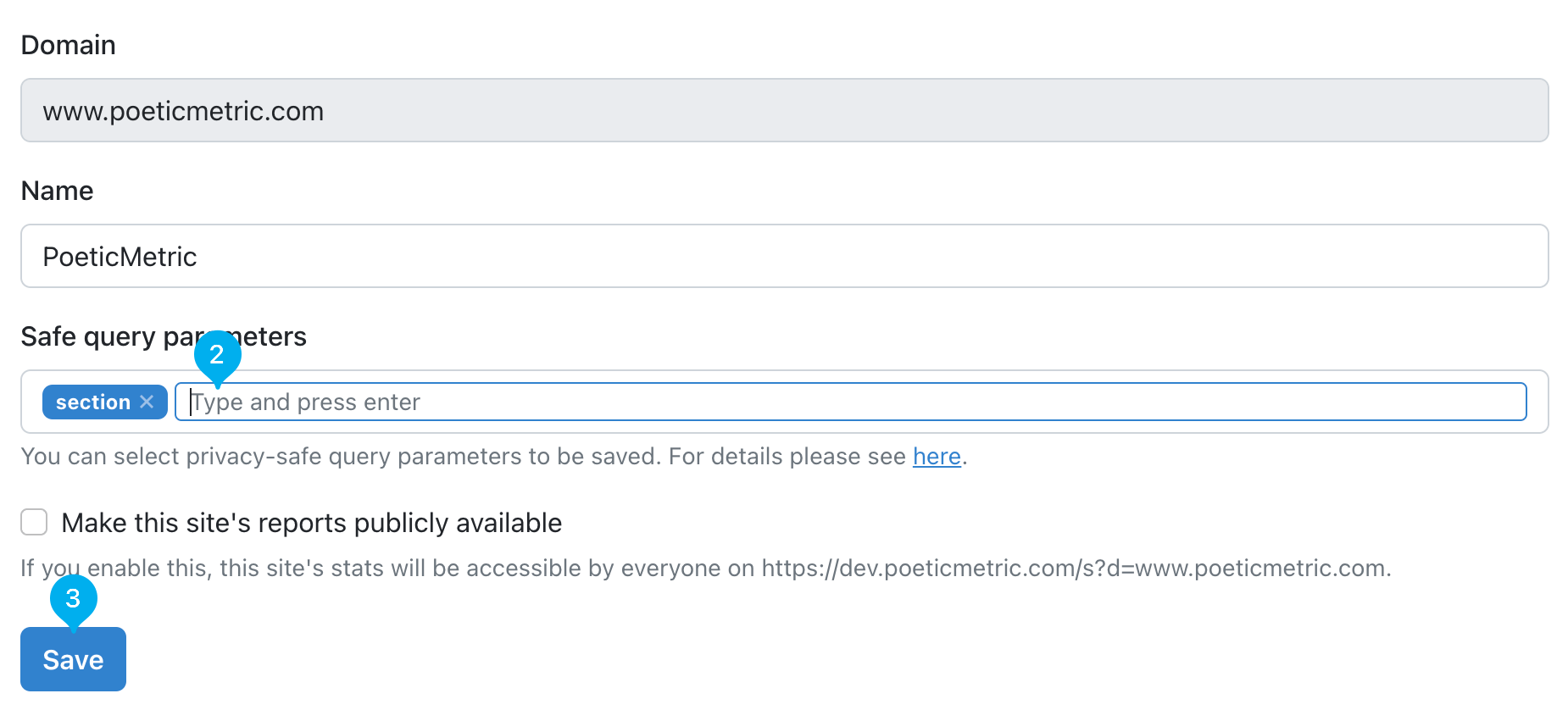 set query parameters in PoeticMetric site settings